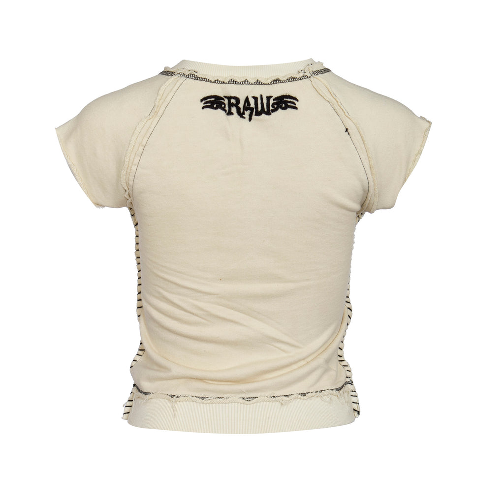 RAW7 Women's Ivory Cut Off V-Neck Sweatshirt Short Sleeve - Fleur-de-Lis