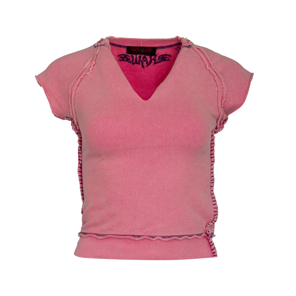RAW7 Women's Pink Cut Off V-Neck Sweatshirt Short Sleeve - Skull Theme
