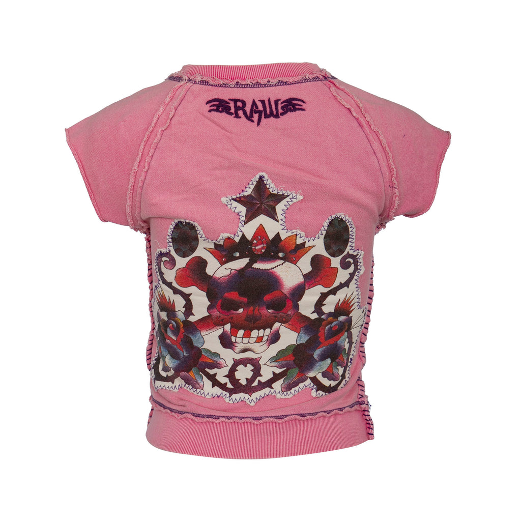 RAW7 Women's Pink Cut Off V-Neck Sweatshirt Short Sleeve - Skull Theme