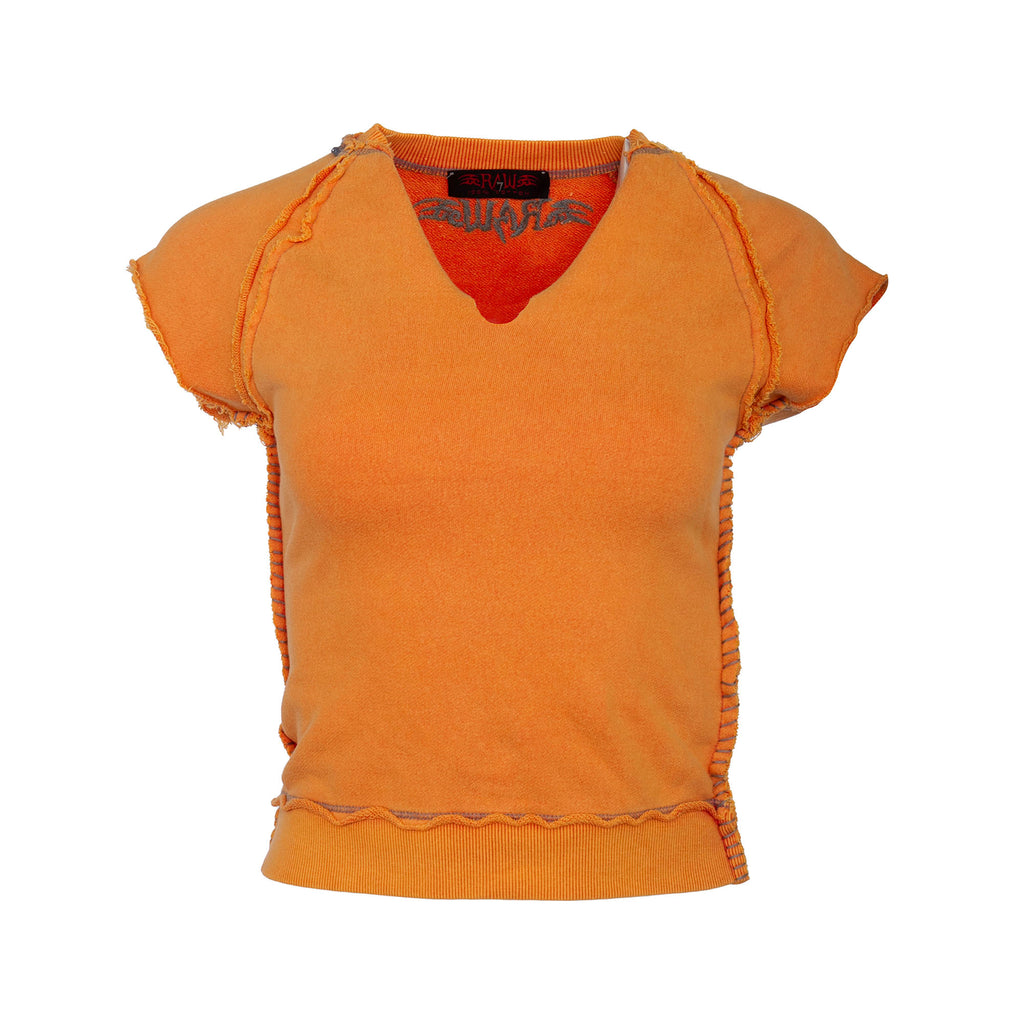 RAW7 Women's Orange Cut Off V-Neck Sweatshirt Short Sleeve - Fleur-de-Lis
