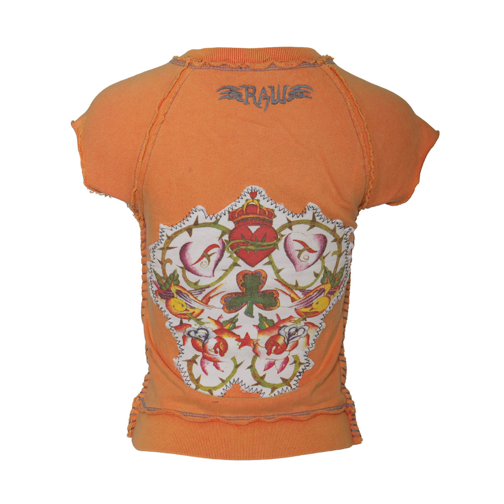 RAW7 Women's Orange Cut Off V-Neck Sweatshirt Short Sleeved - Clover