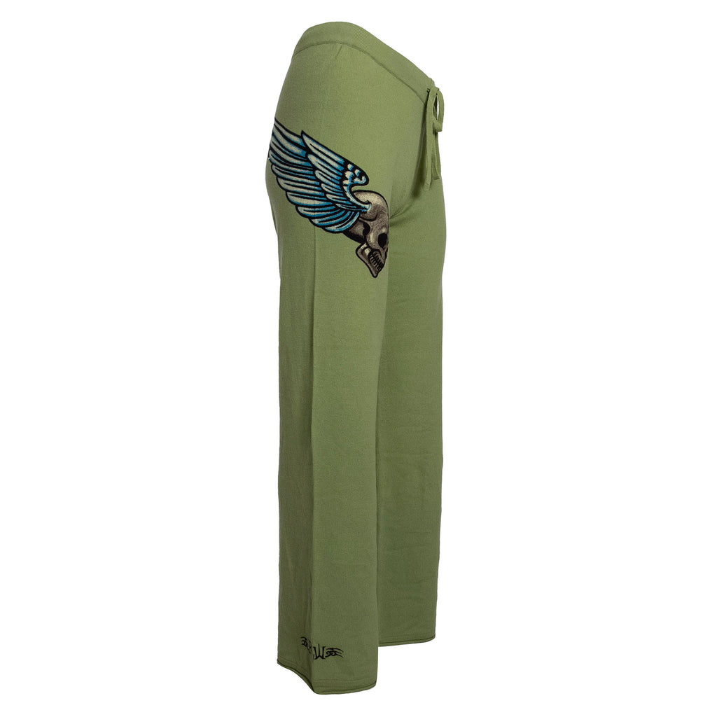 Raw7 Women's Knit Pant Green with Winged Skull 100% Cashmere