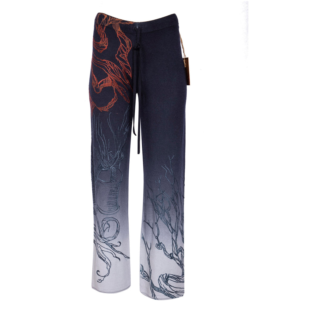 Raw7 Women's 100% Cashmere Knit Pant Mist Blue/Grey Gradient with Embroidery