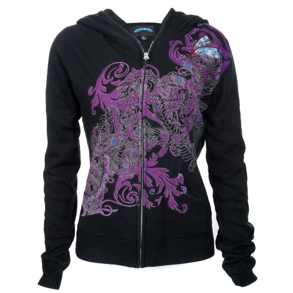 RAW 7 Women's Black Acrylic Zip Hoodie Dragonfly Design
