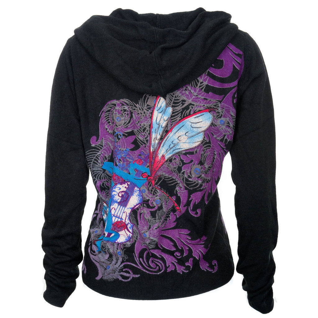 RAW 7 Women's Black Acrylic Zip Hoodie Dragonfly Design