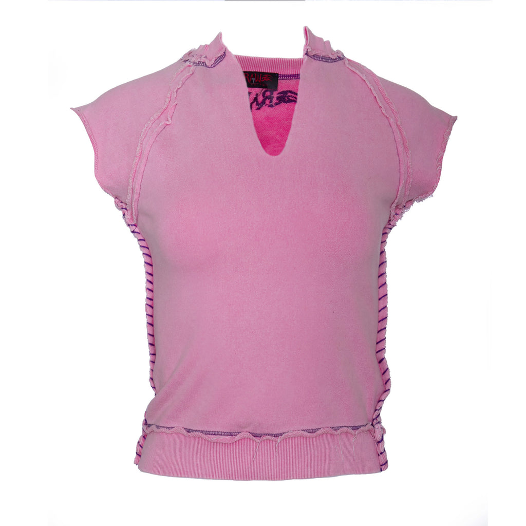 RAW7 Women's Pink Cut Off V-Neck Sweatshirt Short Sleeved - Fleur-de-Lis