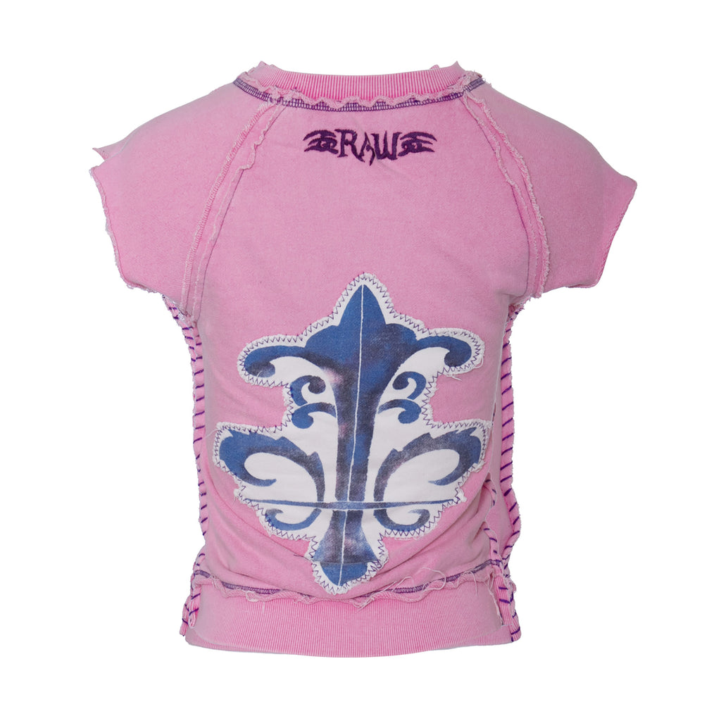 RAW7 Women's Pink Cut Off V-Neck Sweatshirt Short Sleeved - Fleur-de-Lis