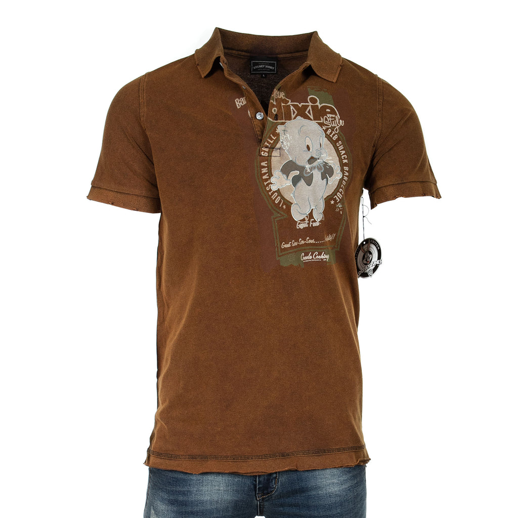 Raw7 Men's Looney Tunes Porky Pig Polo Brown Shirt