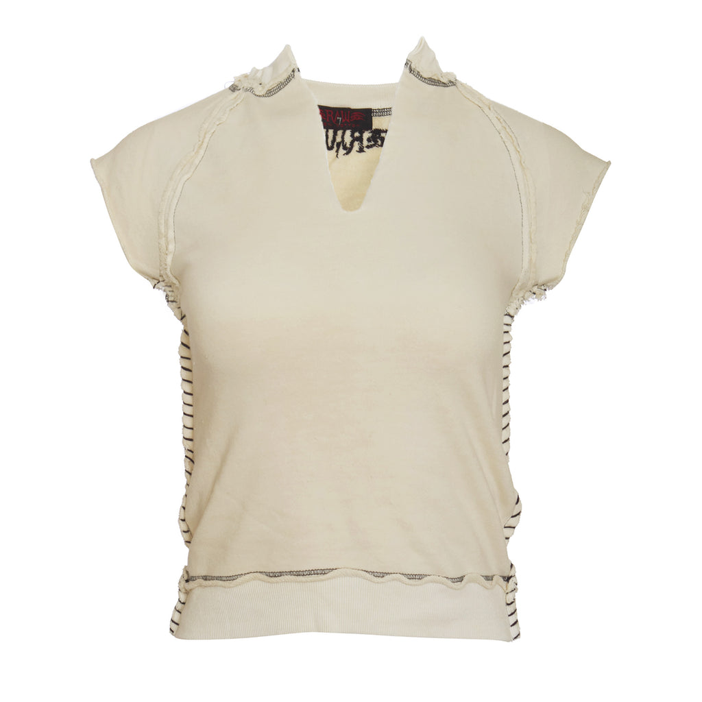 RAW7 Women's Ivory Cut Off V-Neck Sweatshirt Short Sleeved - Skull