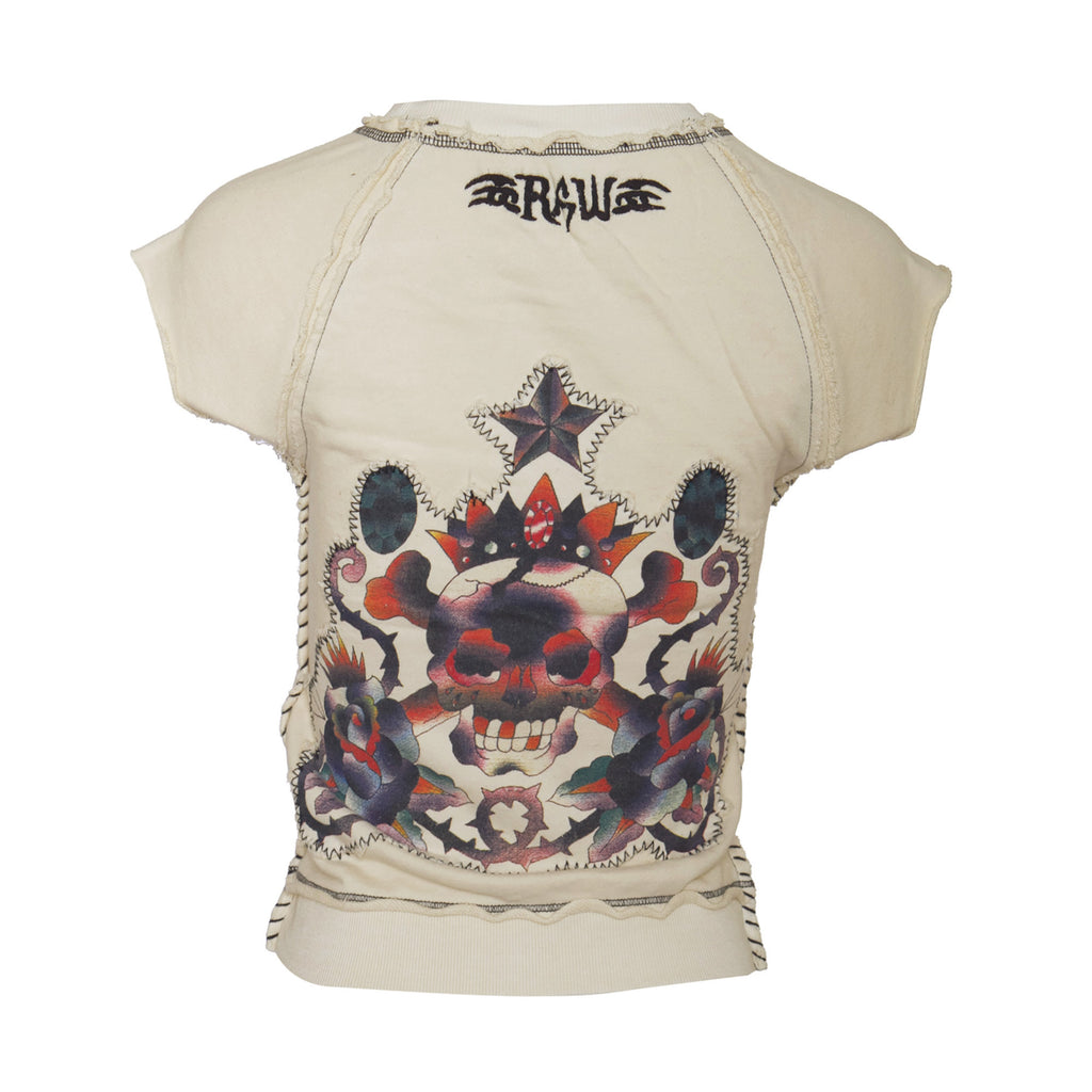 RAW7 Women's Ivory Cut Off V-Neck Sweatshirt Short Sleeved - Skull