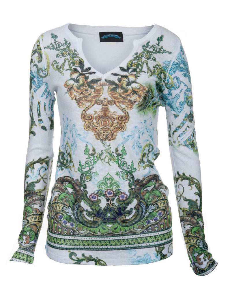 RAW 7 Till the End Womens White Earth Print Long Sleeve 100% Cotton Blend Top