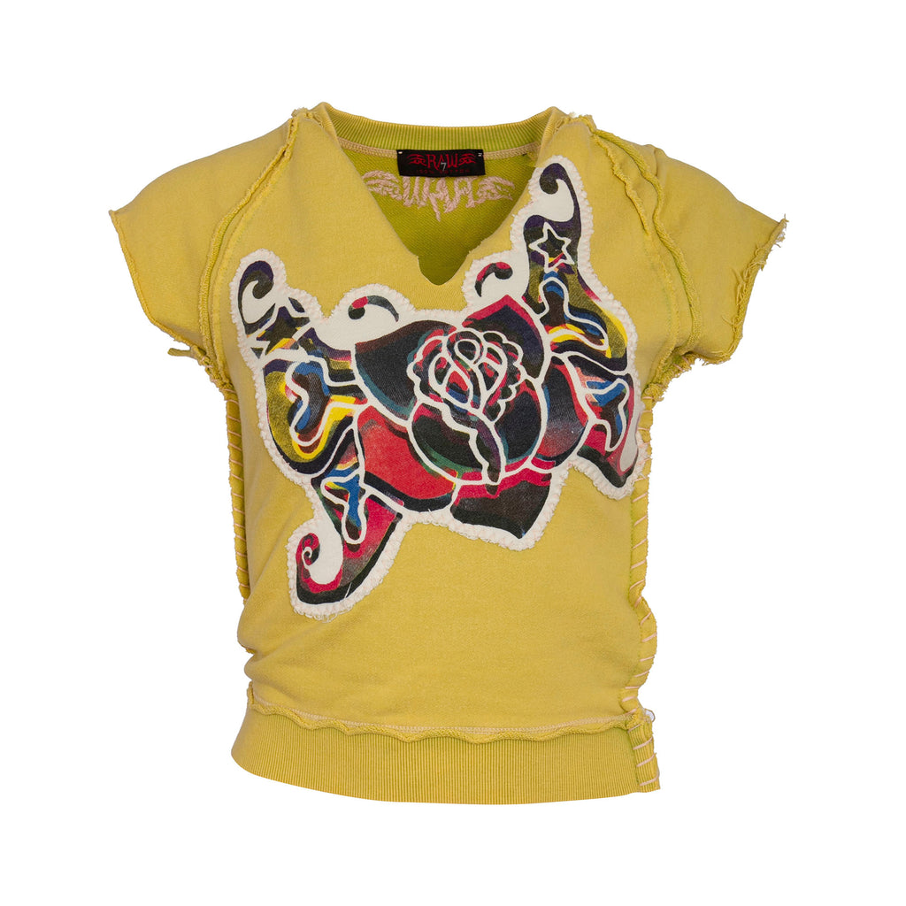 RAW7 Women's Green Cut Off V-Neck Sweatshirt Short Sleeve - Winged Rose Theme