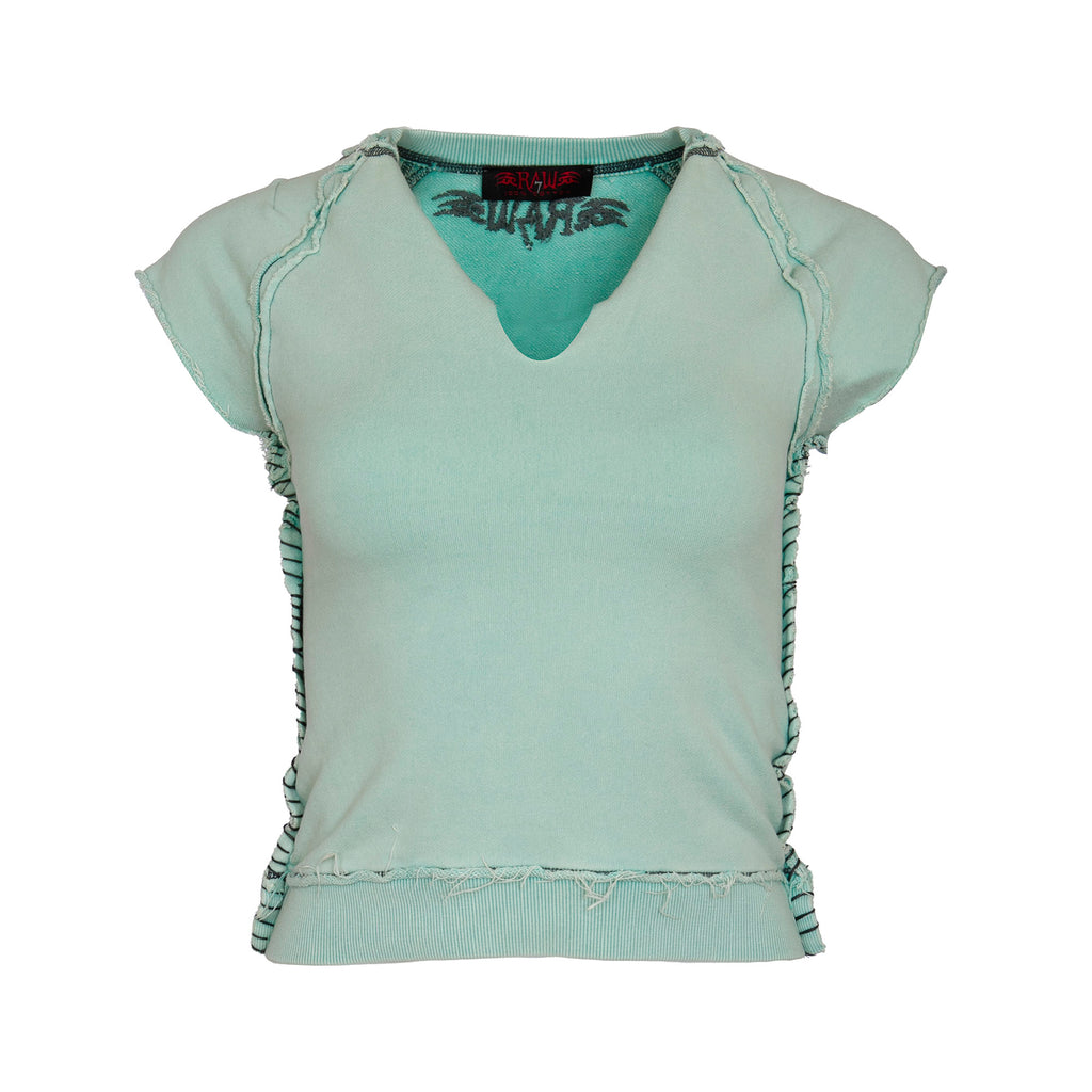 RAW7 Women's Seafoam Green Cut Off V-Neck Sweatshirt Short Sleeve - Skull