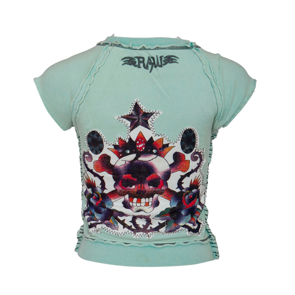 RAW7 Women's Seafoam Green Cut Off V-Neck Sweatshirt Short Sleeve - Skull