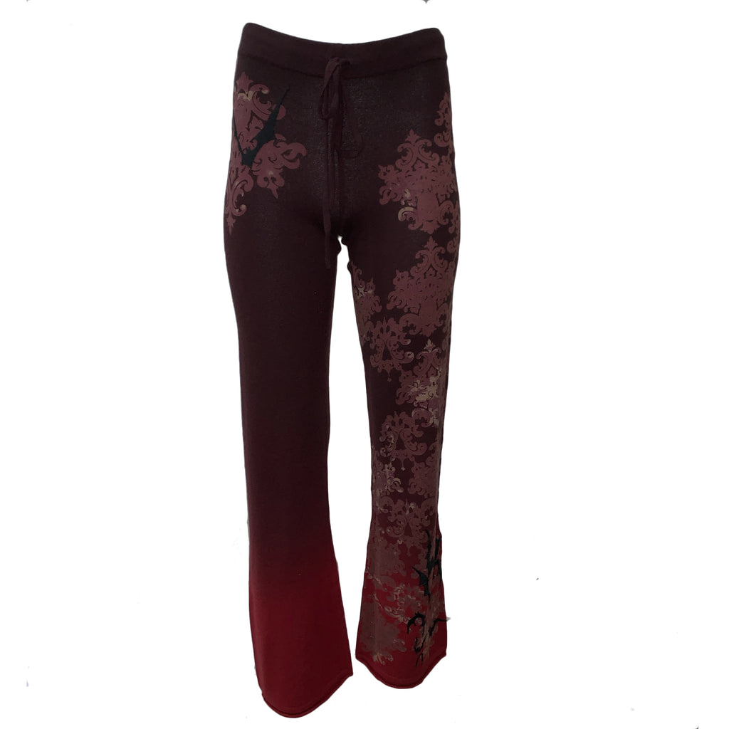 Raw7 Women's 100% Cashmere Pants Burgundy Gradient with Embroidery Bats