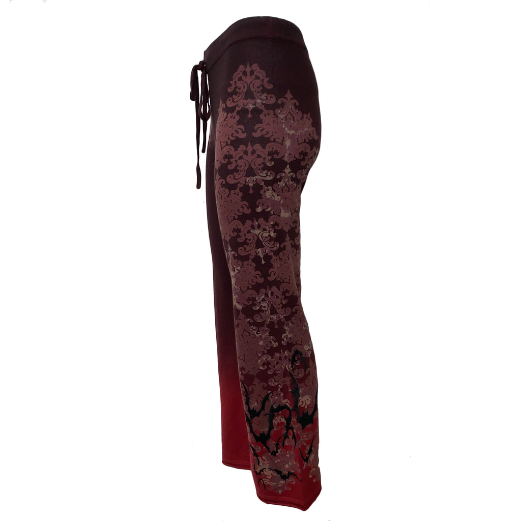 Raw7 Women's 100% Cashmere Pants Burgundy Gradient with Embroidery Bats