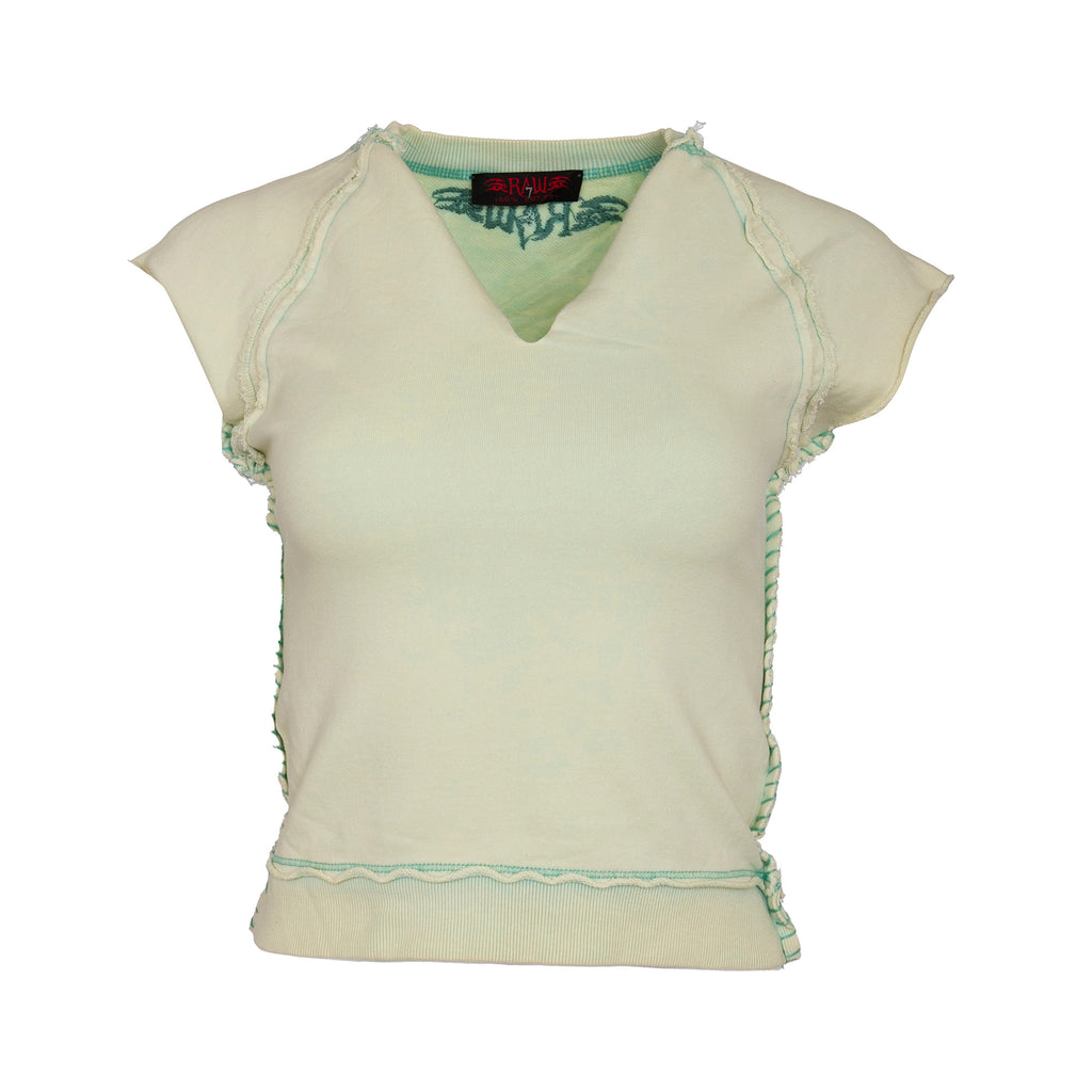 RAW7 Women's Light Green Cut Off V-Neck Sweatshirt Short Sleeve - Fleur-de-Lis