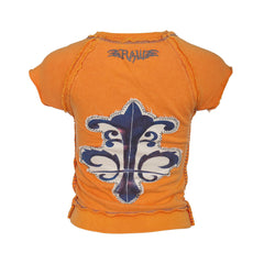 RAW7 Women's Orange Cut Off V-Neck Sweatshirt Short Sleeve - Fleur-de-Lis