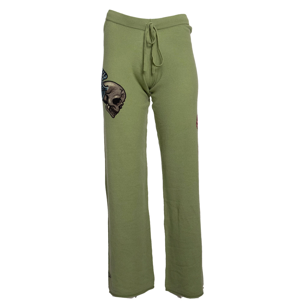 Raw7 Women's Knit Pant Green with Winged Skull 100% Cashmere