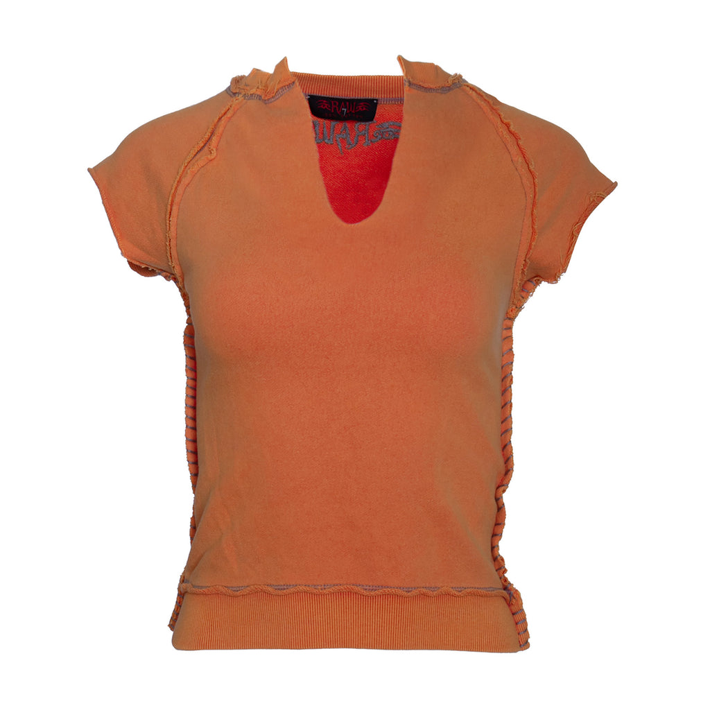 RAW7 Women's Flame Orange Cut Off V-Neck Sweatshirt Short Sleeved - Skull