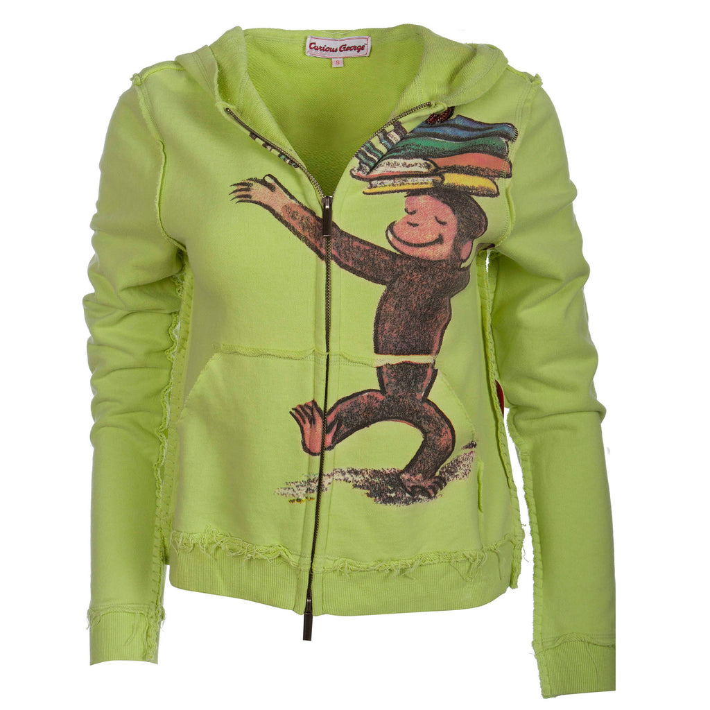Curious George Women's Sage Zip Hoodie Books Design with Crystals