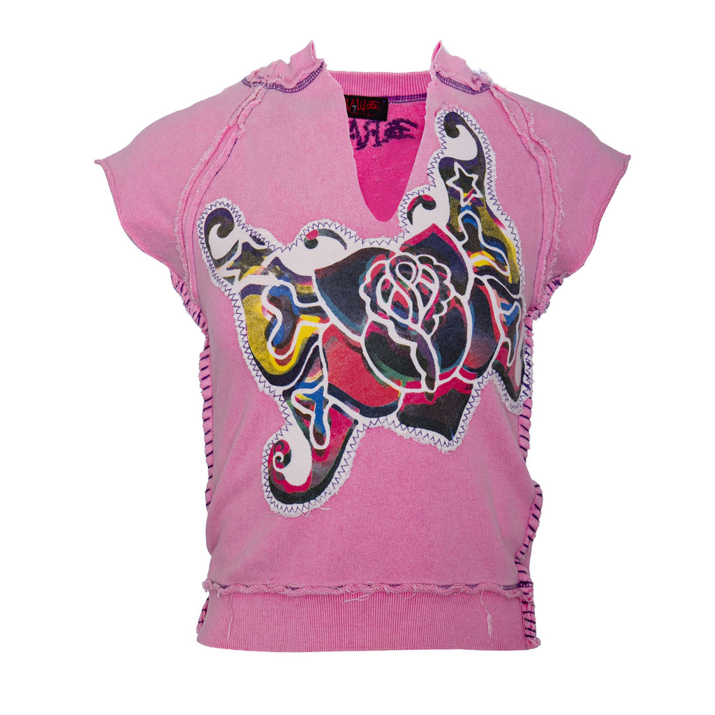 RAW7 Women's Cut Off V-Neck Sweatshirt Short Sleeved - Winged Rose Theme