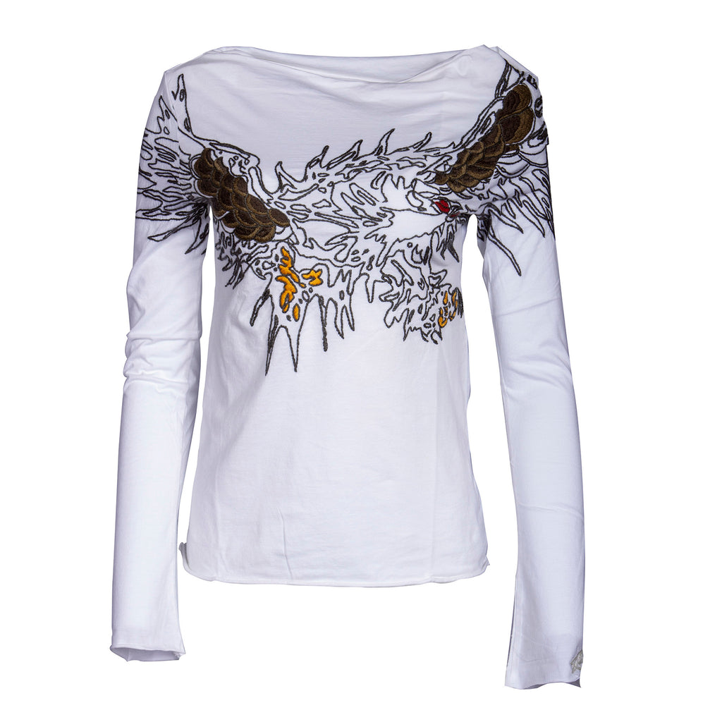 Till The End Women's White Top with Embroidered Eagle Design