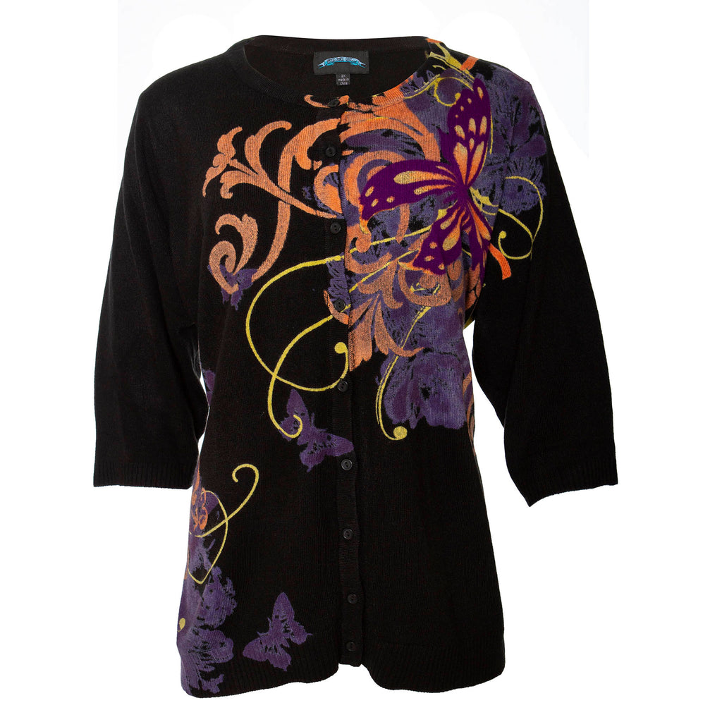 Raw7 Women's Black Cardigan With Butterfly & Floral Theme