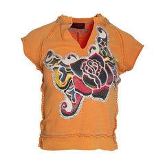RAW7 Women's Flame Orange Cut Off V-Neck Sweatshirt Short Sleeved - Winged Rose Theme
