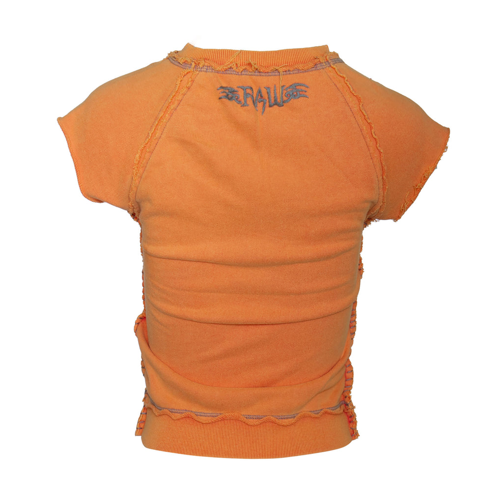 RAW7 Women's Flame Orange Cut Off V-Neck Sweatshirt Short Sleeved - Winged Rose Theme