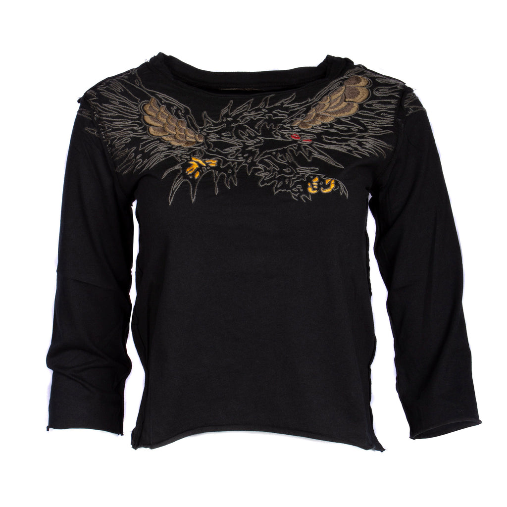 RAW 7 Till The End Women's Black Top with Embroidered Eagle Design