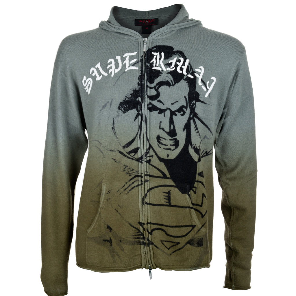 RAW 7 Men's Zip 100% Cashmere Hoodie Superman Design Metal Color