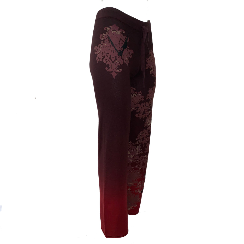 Raw7 Women's 100% Cashmere Pants Burgundy Gradient with Embroidery Bats